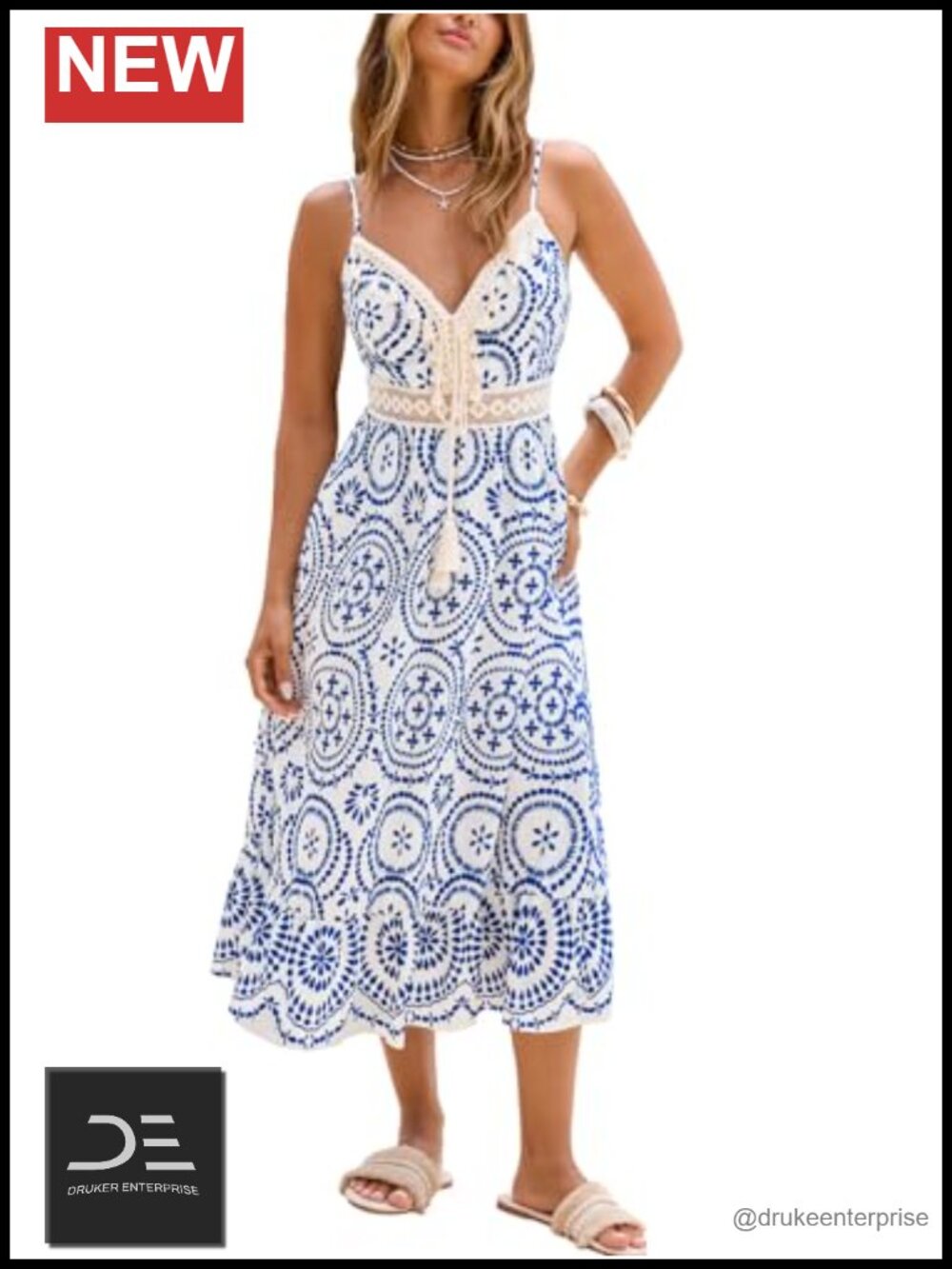 CUPSHE Women's Sleeveless V-Neck Midi Sundress Boho Crochet Lace Trim